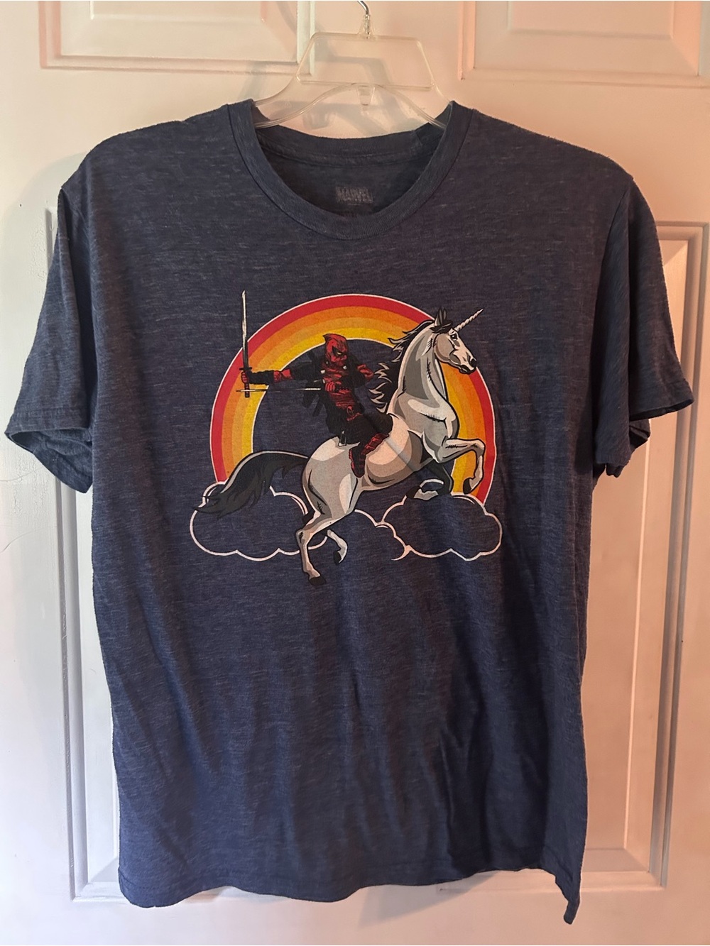 Marvel navy T-shirt #marvel #superhero unicorn rainbow Sz L